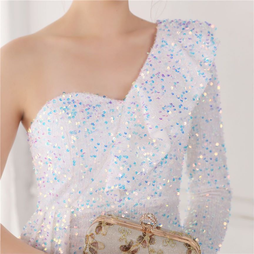 Ruffles One Side Long Sleeve  Sequins Evening Gown (White) (Made To Order)