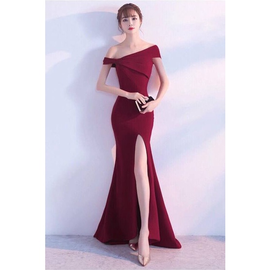 [ReadyStock] Assymetric One Side Shoulder Bodycon Evening Gown - Maroon