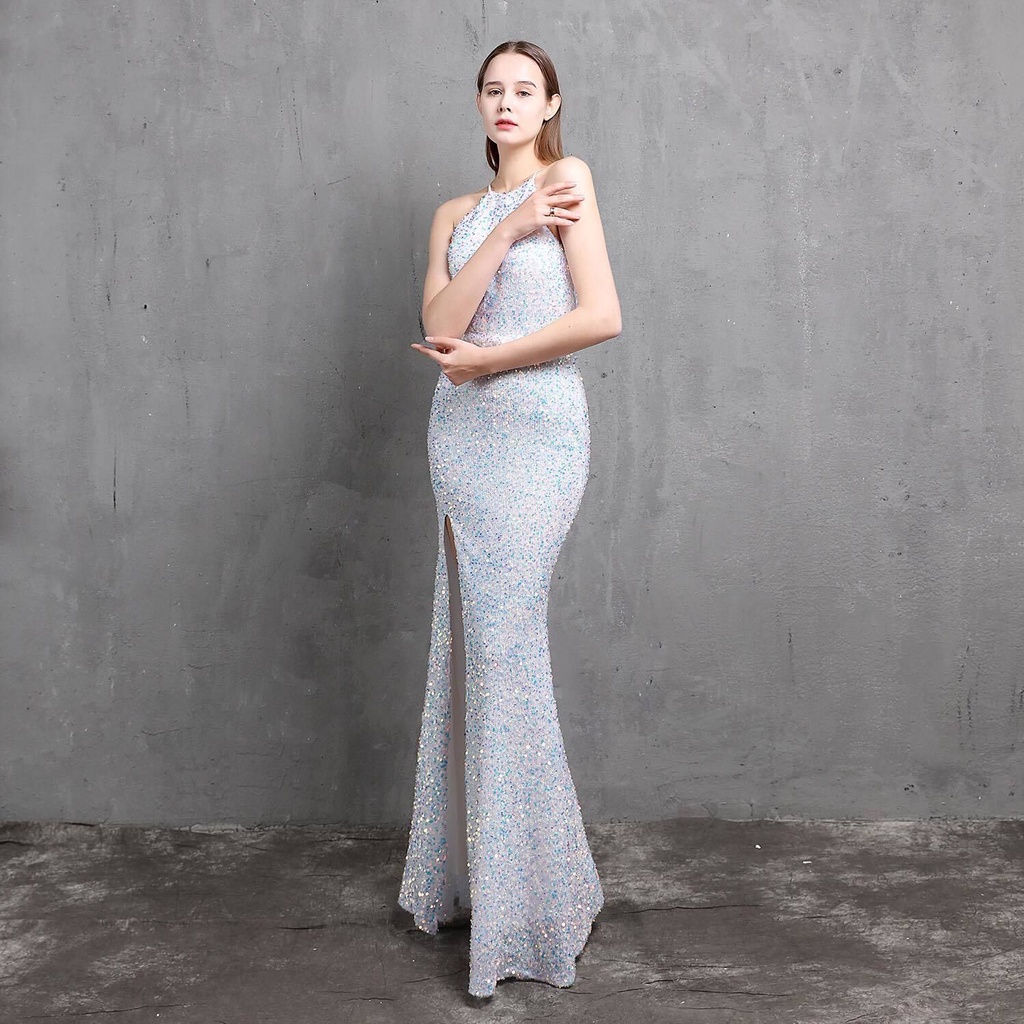 Elegant Halter Sequins Mermaid Gown (White) (Made To Order)