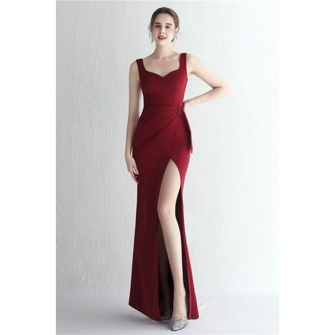 Sweetheart Overlap Slit Evening Gown (Maroon) (Made To Order)