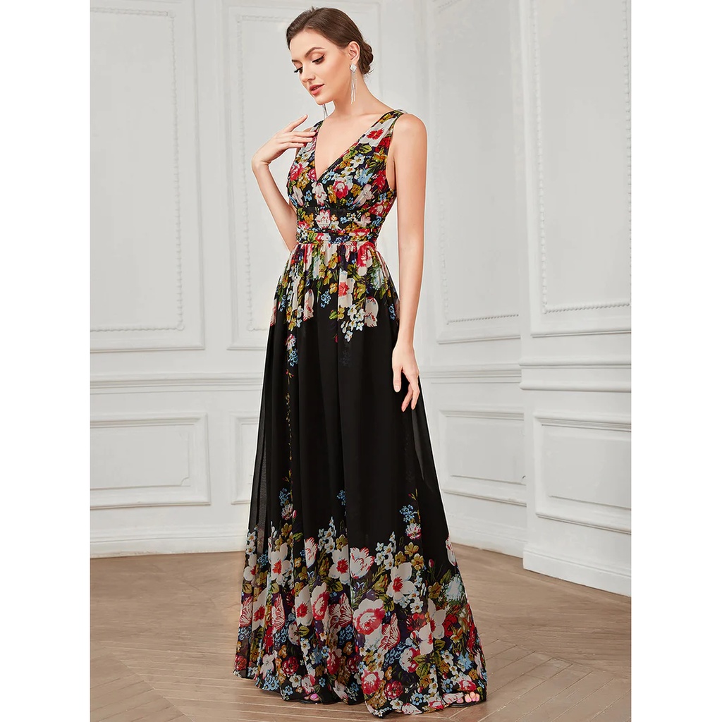 Elegant Maxi Long Evening Dresses With Double V-Neck (Black) (Retail)