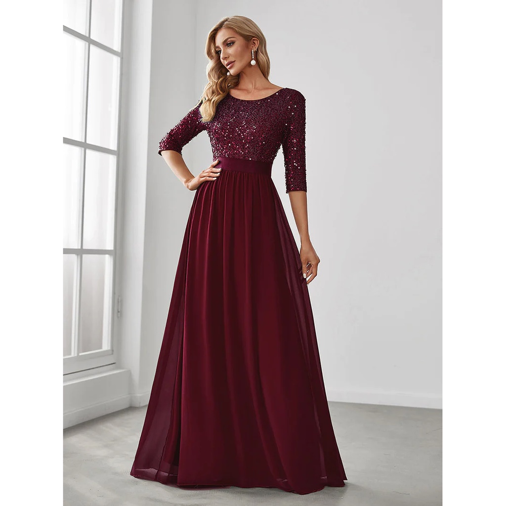 Half Sleeves Sequins A-Line Evening Gown (Maroon) (Made To Order)