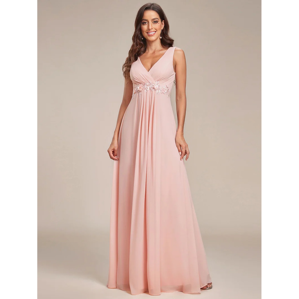 Ruched A-Line V Neck Appliques Evening Dresses (Pink) (Made To Order)