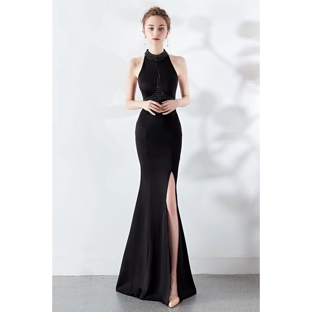 Halter Beads Mermaid Slim Evening Gown (Black) (Retail)