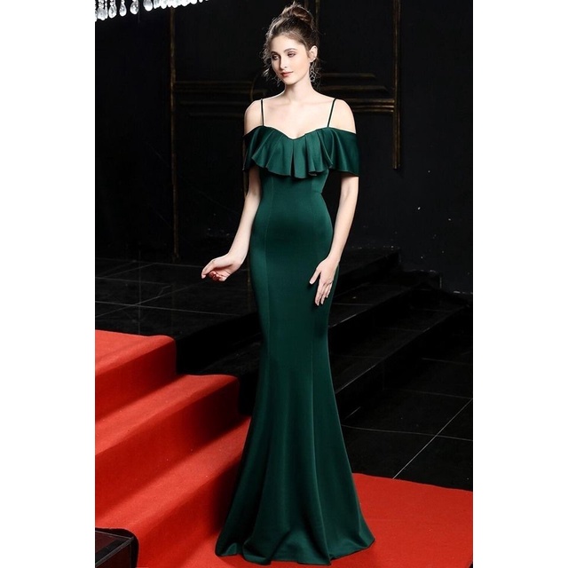 Spaghetti Strap Cold Shoulder Mermaid Gown (Green) (Made To Order)