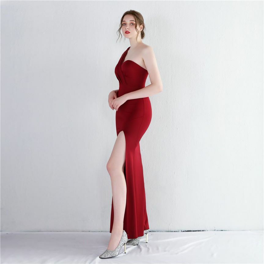 One Side Off Shoulder with High Slit Evening Dress (Maroon) (Made To Order)