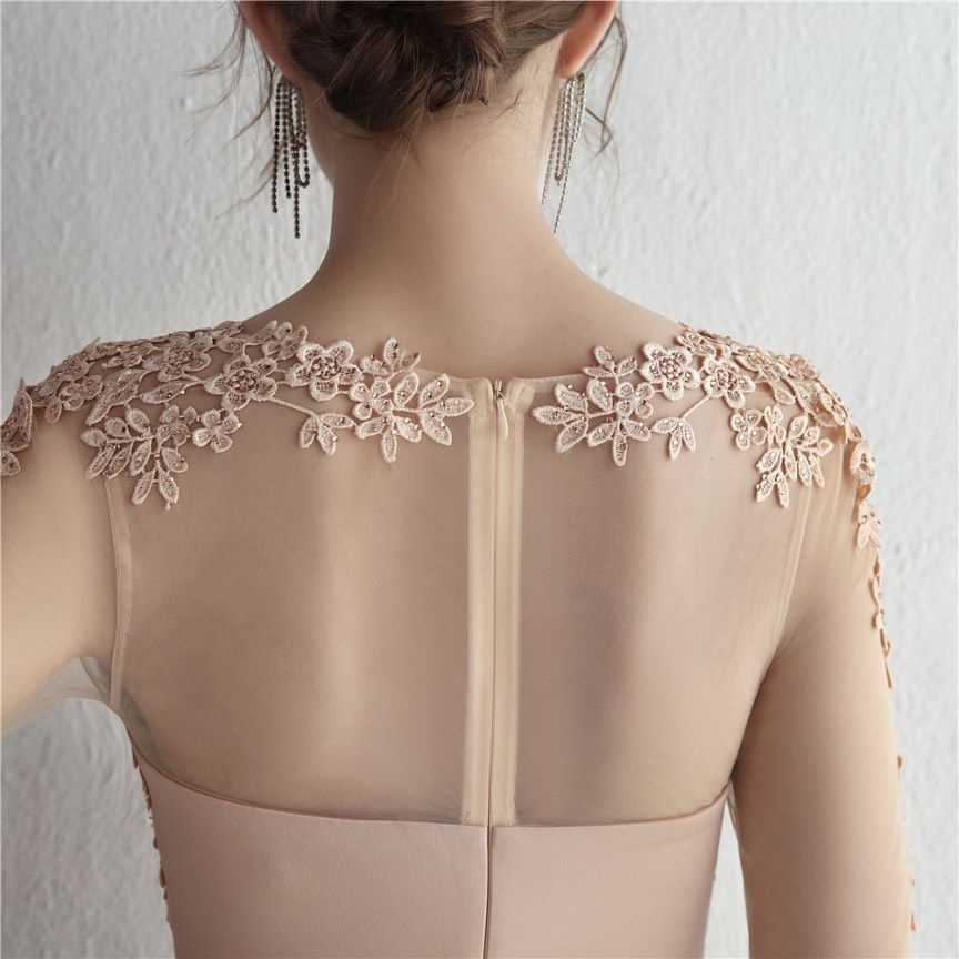 Elegant Long Sleeve Lace Mermaid Evening Gown (Beige) (Made To Order)