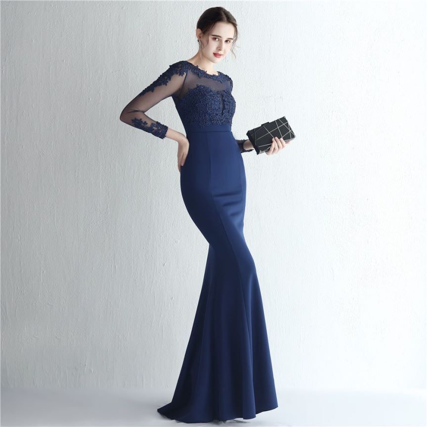 Elegant Long Sleeve Lace Mermaid Evening Gown (Navy Blue) (Made To Order)