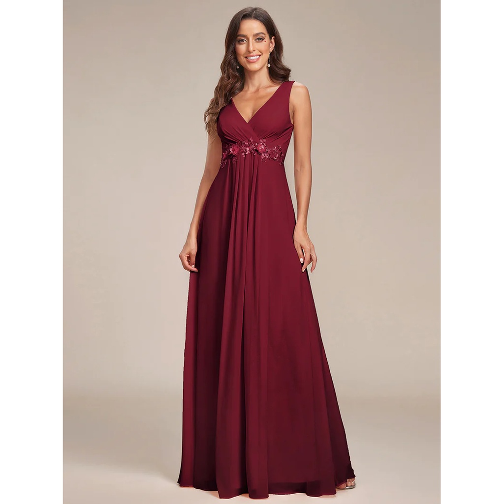 Ruched A-Line V Neck Appliques Evening Dresses (Maroon) (Retail)