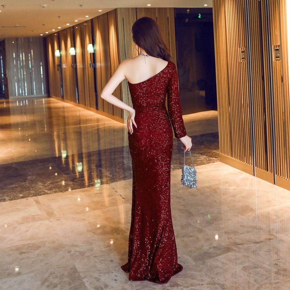 One Side Long Sleeve Sequins Mermaid Gown (Burgundy) (Made To Order)