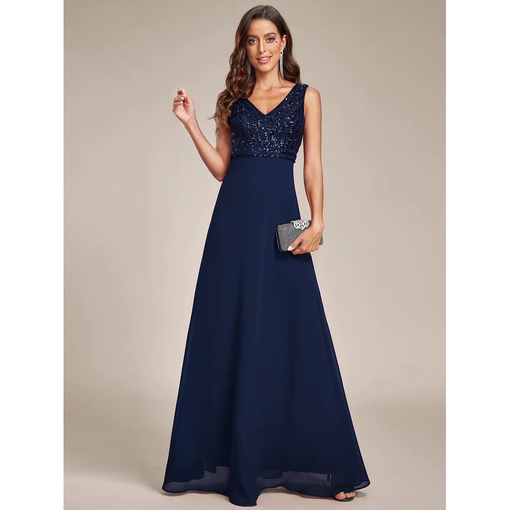Sleeveless Sequin Chiffon A Line Gown (Navy Blue) (Made To Order)