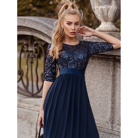 Half Sleeves Sequins A-Line Evening Gown (Navy Blue) (Made To Order)