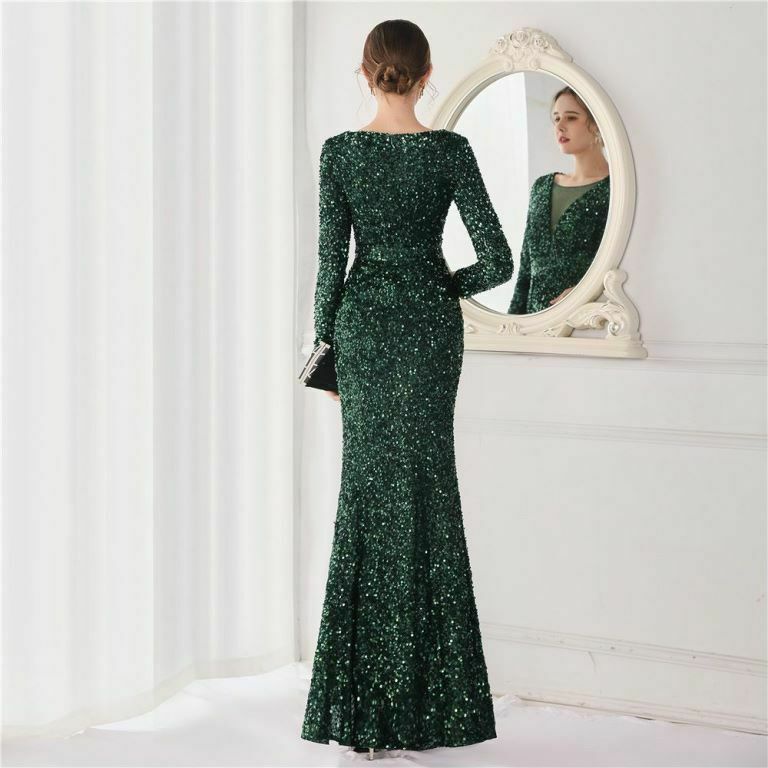 Long Sleeve Illusion V-Neck Evening Gowns (Green) (Retail)