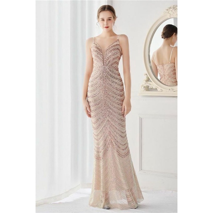 Spaghetti Strap With Waves Sequins Evening Gown (Gold) (Retail)