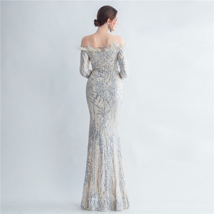 Off Shoulder Feather Sequins with High Slit Gown (Silver) (Made To Order)