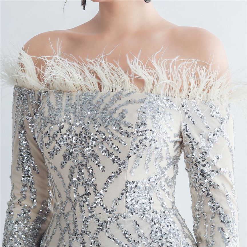 Off Shoulder Feather Sequins with High Slit Gown (Silver) (Made To Order)