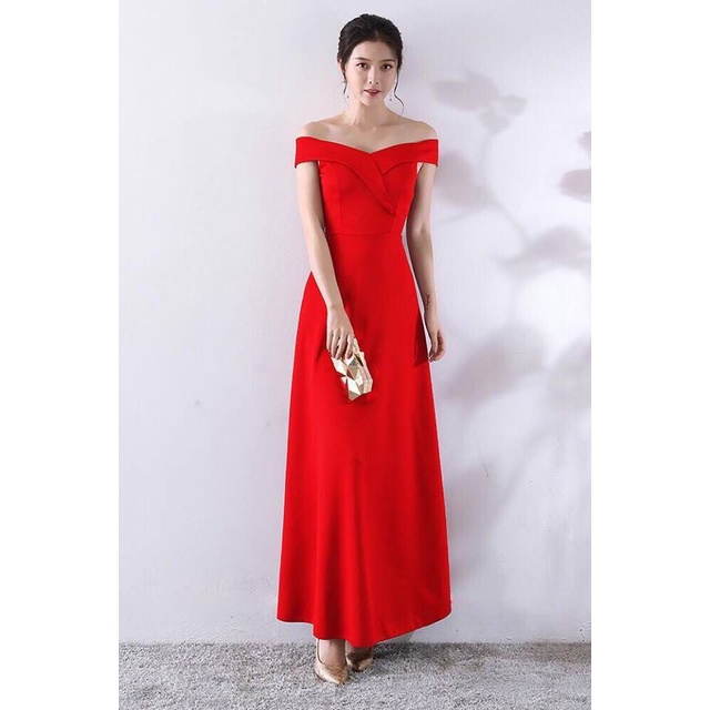 [MTO] Off Shoulder Plain Flare Long Gown - Red