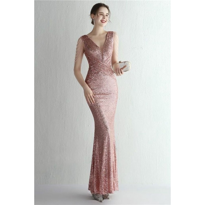 Illusion V-Neck Folded Waist Evening Gown (Pink) (Made To Order)