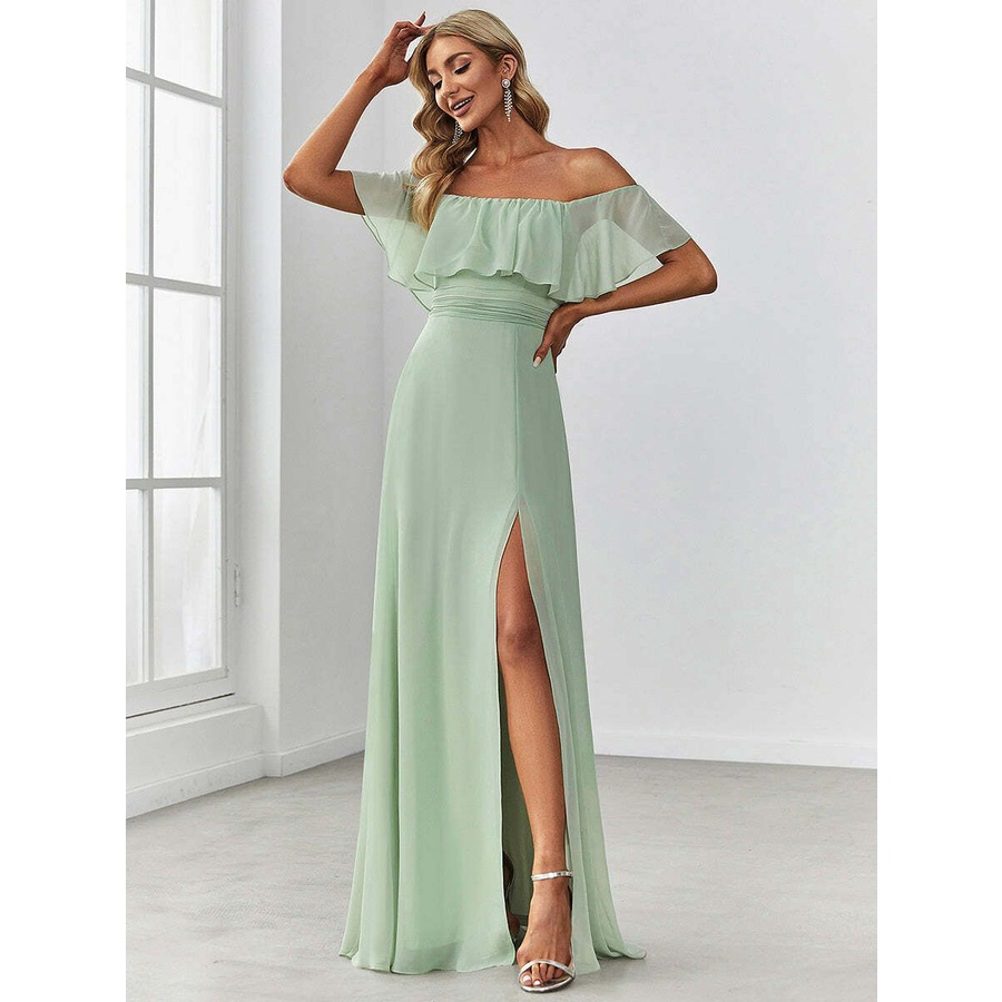 Off Shoulder Sleeveless Split Long Evening Dress (Mint) (Made To Order)