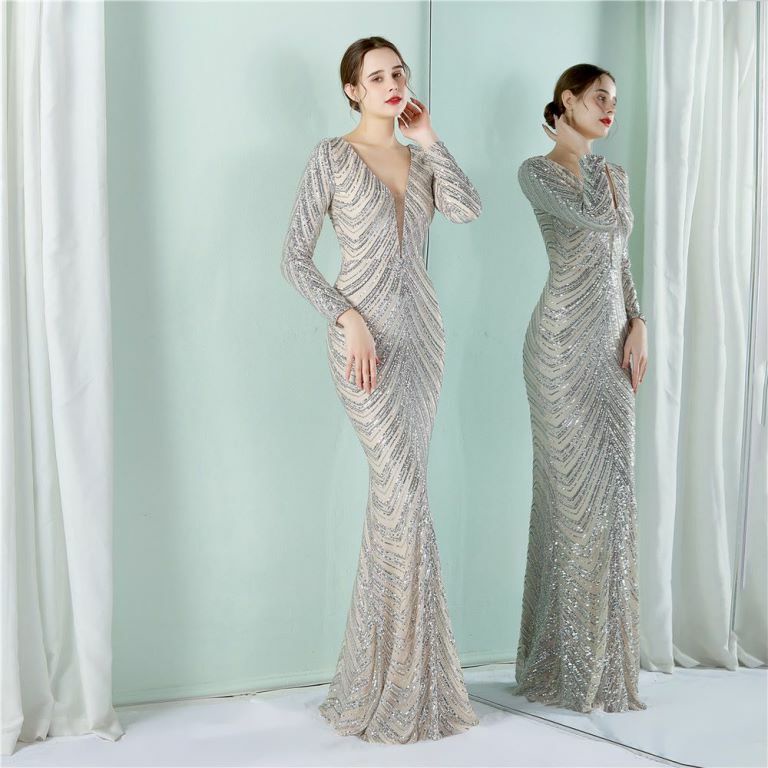 Long Sleeve Sequins Mermaid Evening Gown (Silver) (Made To Order)
