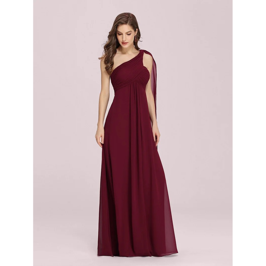 One Shoulder Pleated Chiffon Long Evening Gown (Maroon) (Retail)