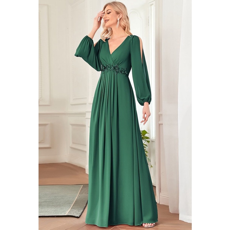 Long Lantern Sleeves V-Neck A-Line Evening Gowns (Green) (Retail)