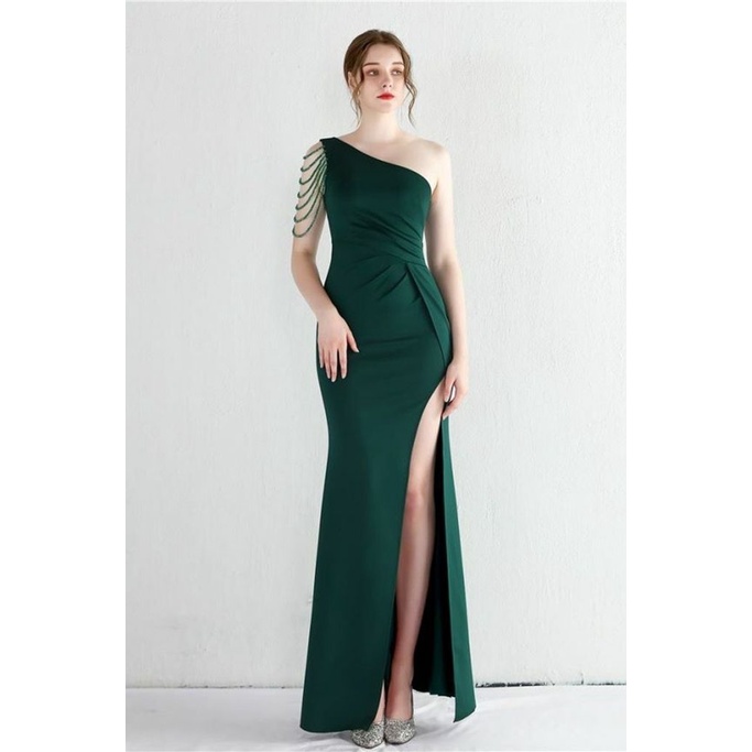 One Side Off Shoulder with Beads Arm Evening Dress (Green) (Retail)