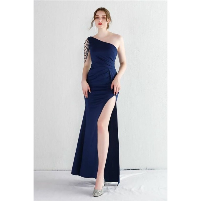 One Side Off Shoulder with Beads Arm Evening Dress (Navy Blue) (Retail)