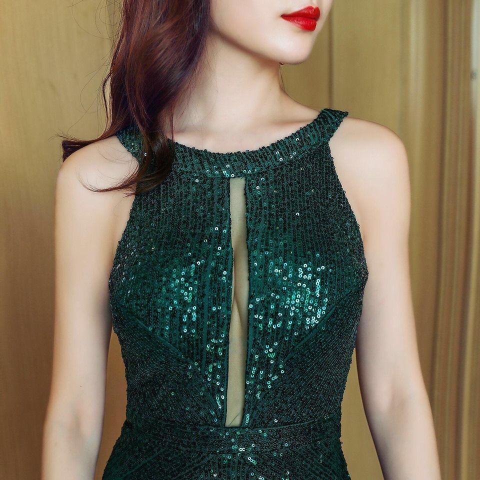 Halter Illusion Fashion Back Mermaid Evening Gown (Green) (Made To Order)