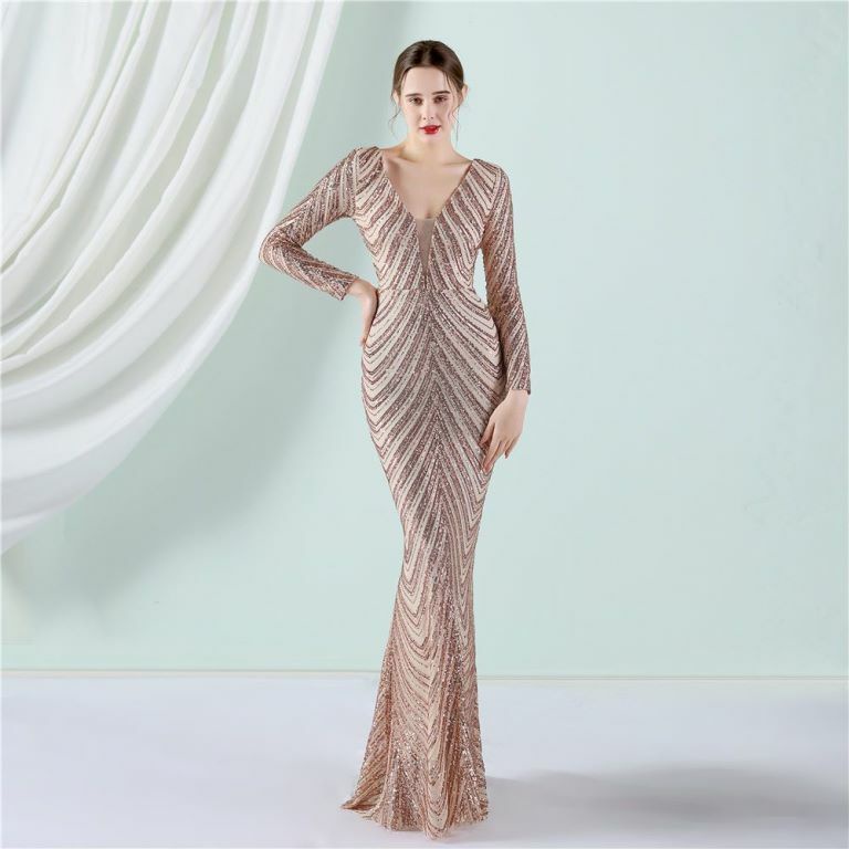 Long Sleeve Sequins Mermaid Evening Gown (Gold) (Made To Order)
