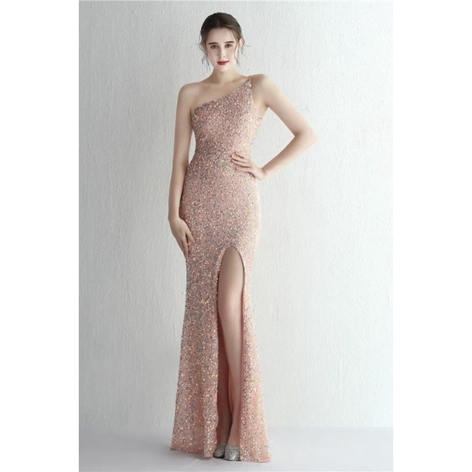 One Side Off Shoulder Sequins Slit Evening Gown (Pink) (Made To Order)