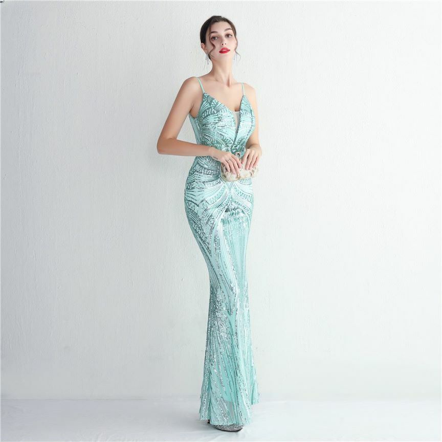 Low Back Spaghetti Mermaid Evening Gown (Light Green) (Made To Order)