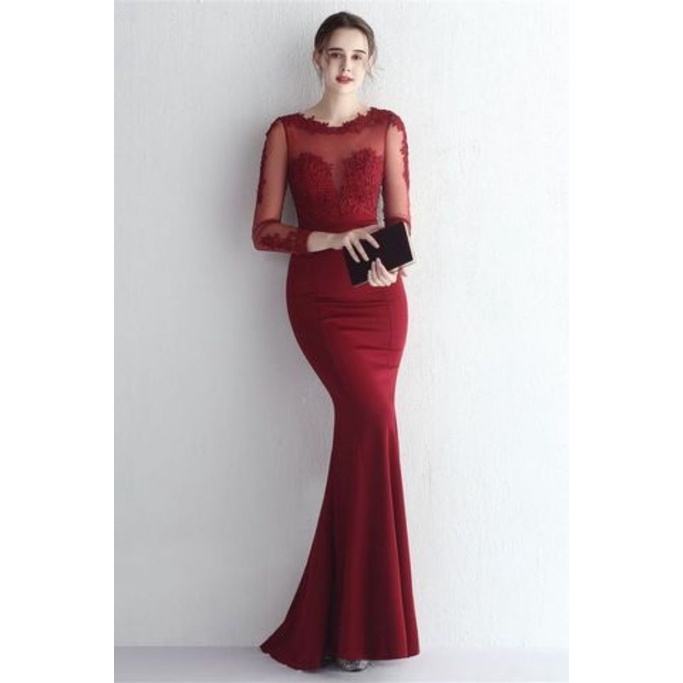 Elegant Long Sleeve Lace Mermaid Evening Gown (Maroon) (Made To Order)