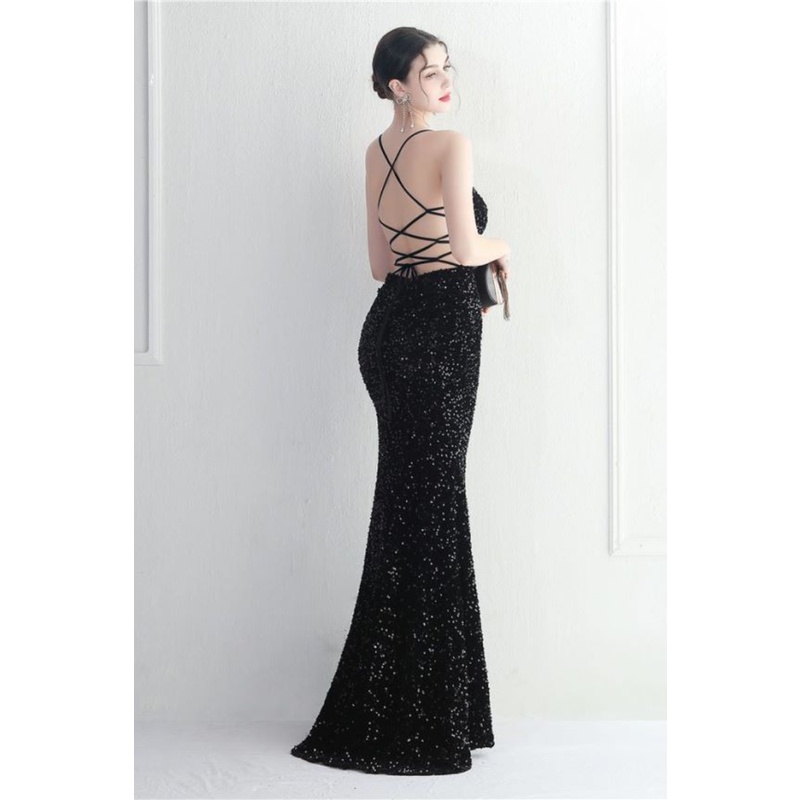 [ReadyStock] Back Cross String Sequins With Slit Evening Gown - Black