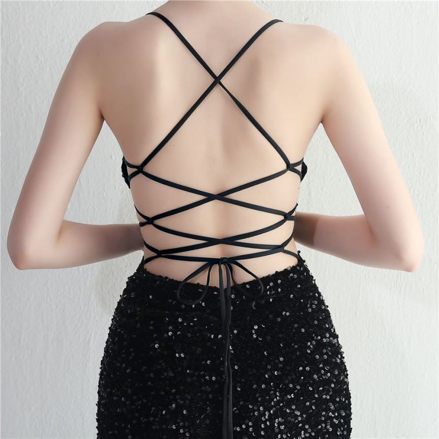 [ReadyStock] Back Cross String Sequins With Slit Evening Gown - Black