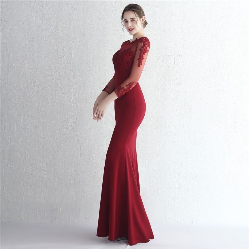 Elegant Long Sleeve Lace Mermaid Evening Gown (Maroon) (Retail)