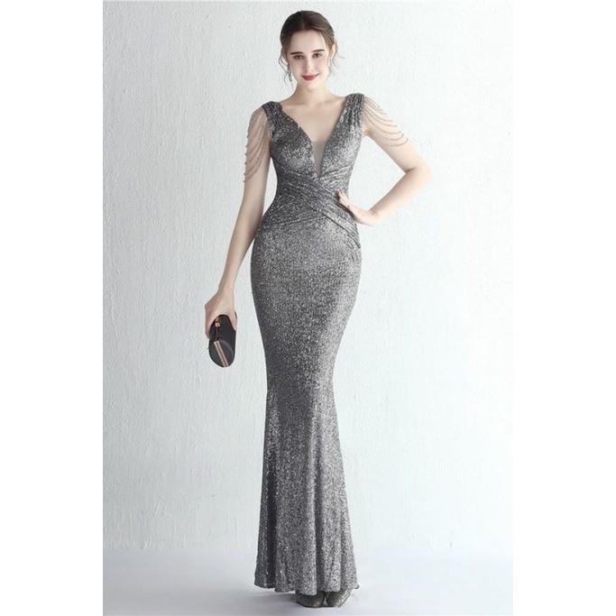 Illusion V-Neck Folded Waist Evening Gown (Silver) (Made To Order)