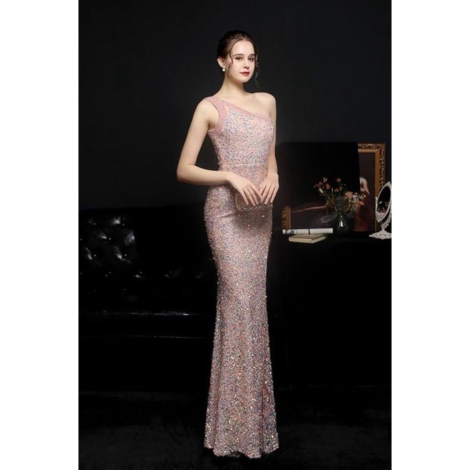 Beads One Side Off Shoulder Sequins Evening Gown (Pink) (Made To Order)