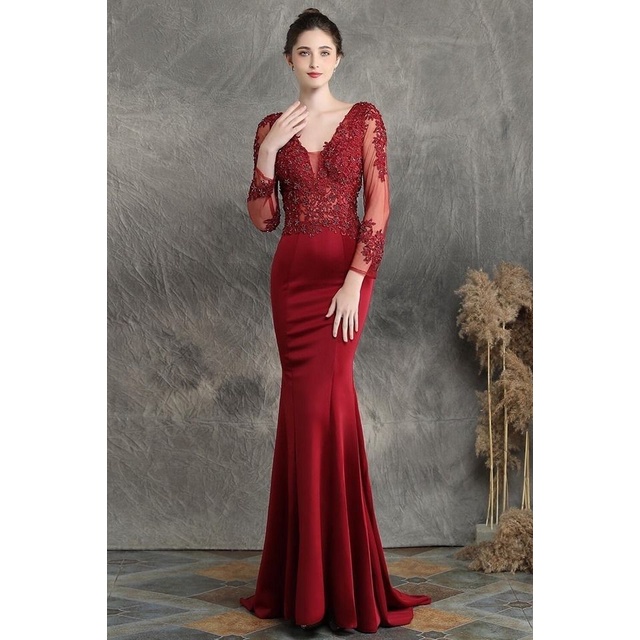 Long Sleeve Luxury Lace Fish Tail Mermaid Gown (Burgundy) (Made To Order)