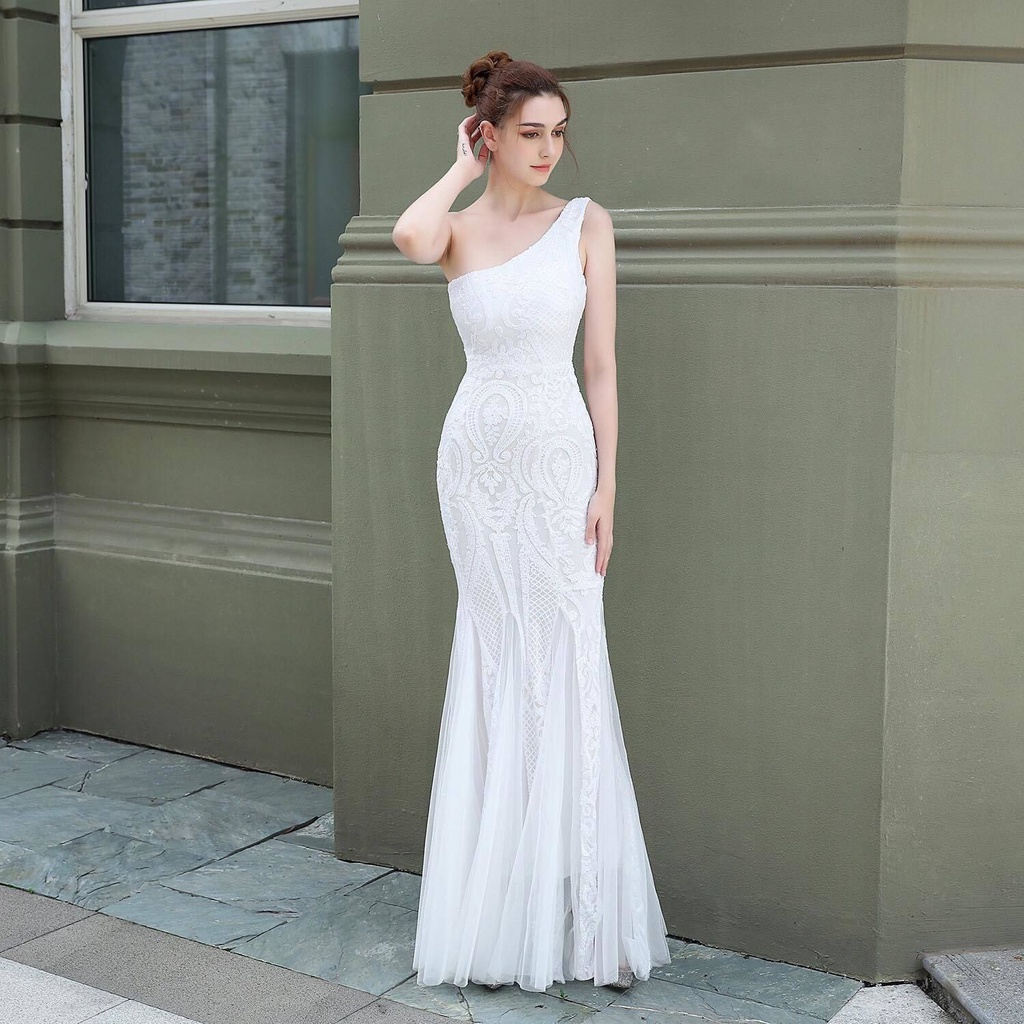 One Side Shoulder Sequins Mermaid Evening Gown (White) (Made To Order)