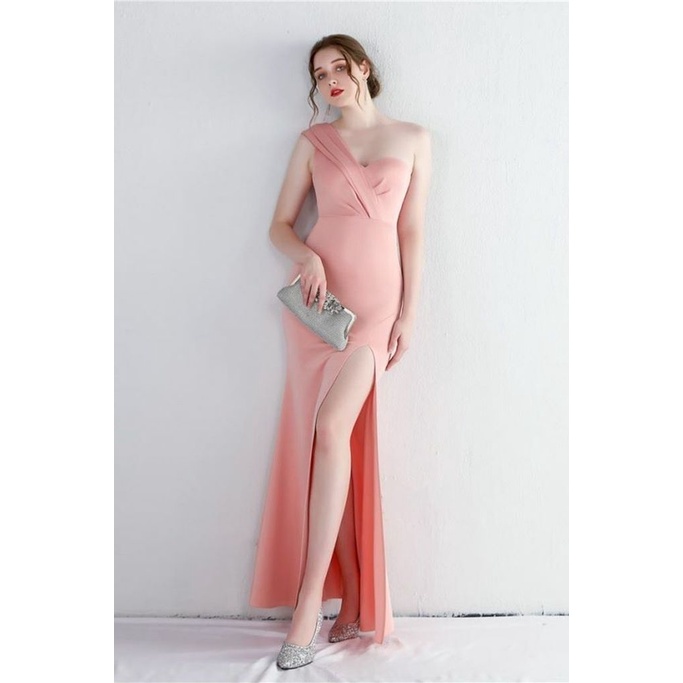 One Side Off Shoulder with High Slit Evening Dress (Pink) (Made To Order)