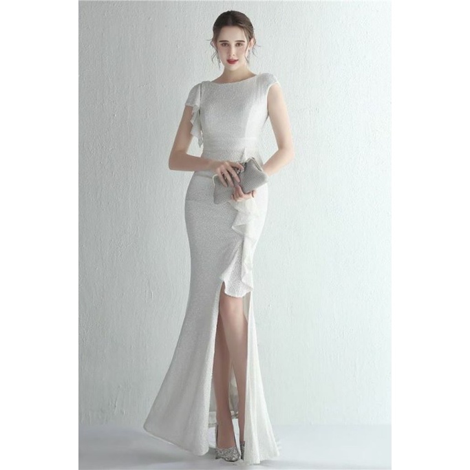 Cover Sleeve Sequins with Ruffles Slit Evening Gown (White) (Made To Order)