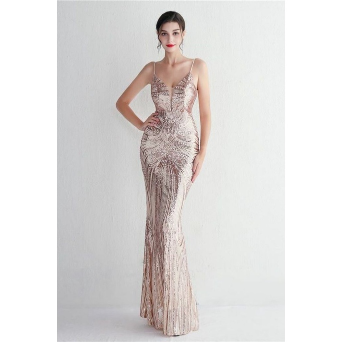 Low Back Spaghetti Mermaid Evening Gown (Gold) (Made To Order)