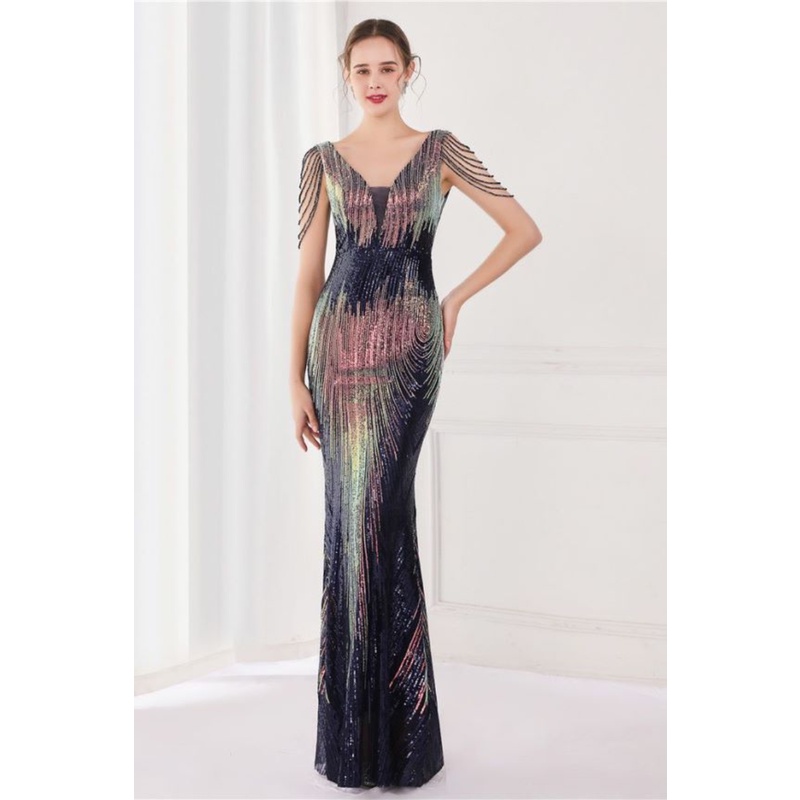Fashion Crystal Sequins Duo Tone Mermaid Evening Gown (Navy Blue) (Made To Order)