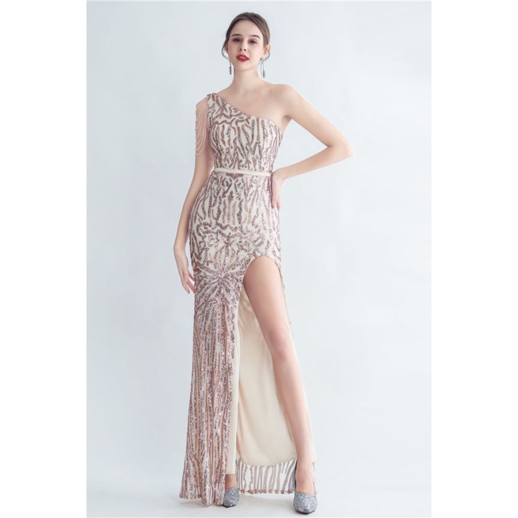 One Side Off Shoulder Sequins with Crystal Beads Gown - Rose Gold