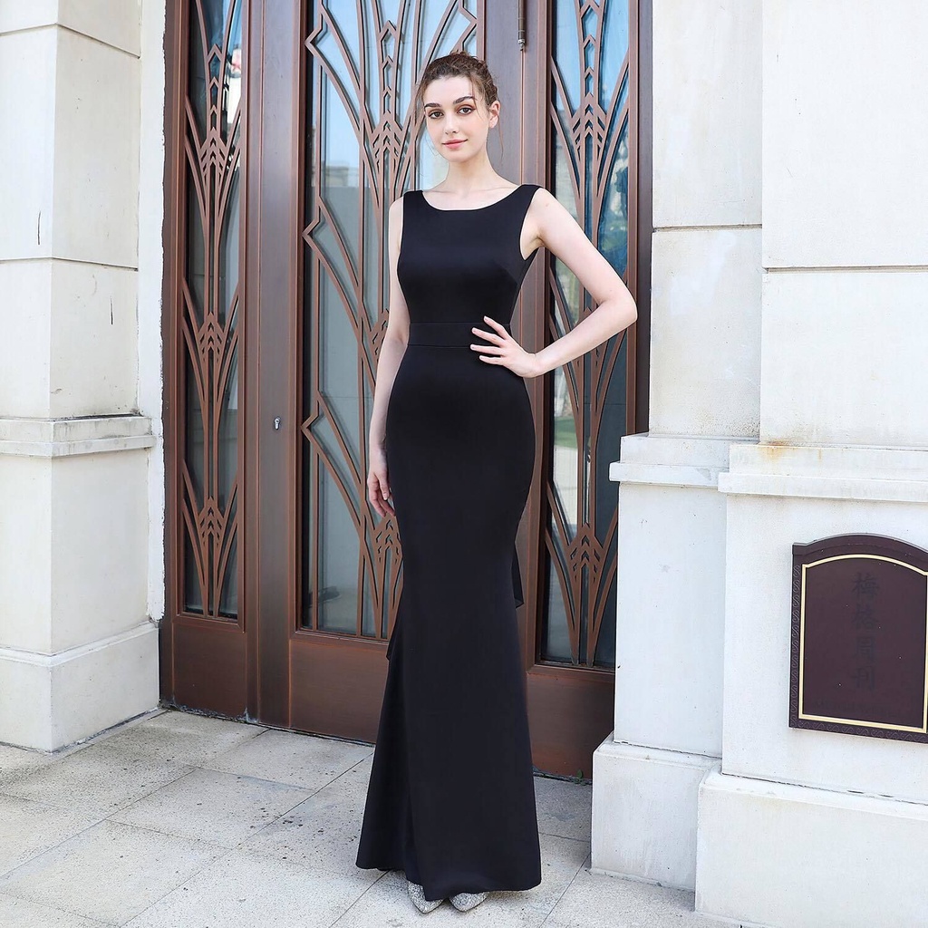 Backless Long Mermaid Evening Gown (Black) (Made To Order)