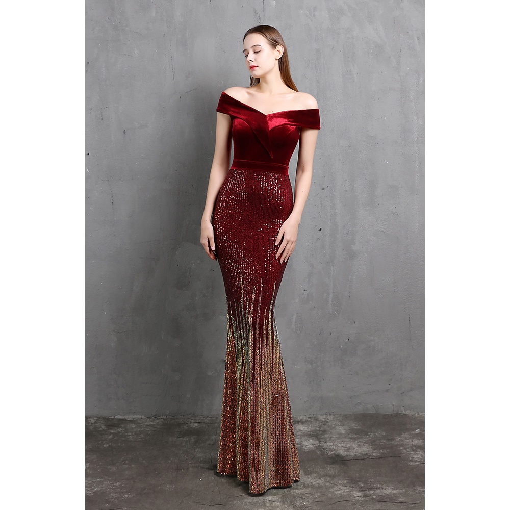 Off Shoulder Sequins Two Tone Mermaid Evening Gown (Burgundy) (Made To Order)