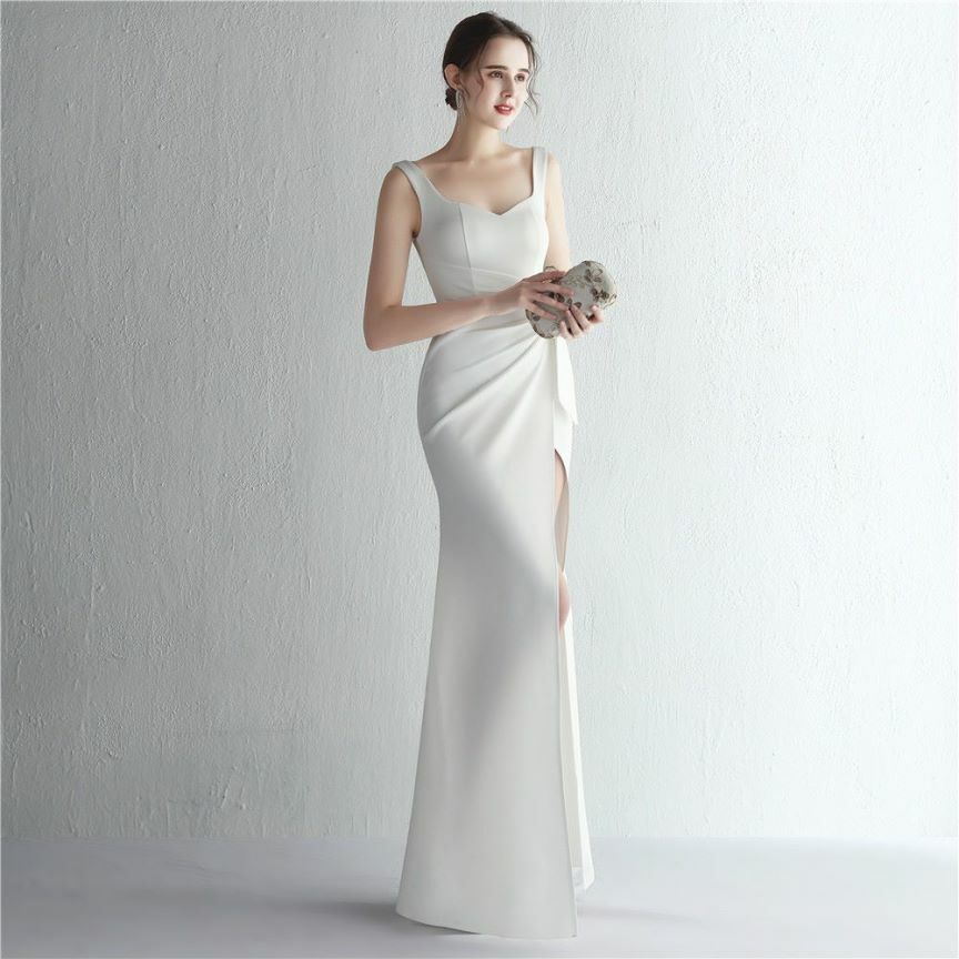 Sweetheart Overlap Slit Evening Gown (White) (Made To Order)