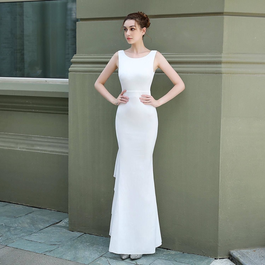 Backless Long Mermaid Evening Gown (White) (Made To Order)