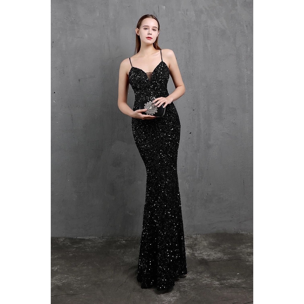 Spaghetti Sequins Mermaid Gown (Black) (Made To Order)